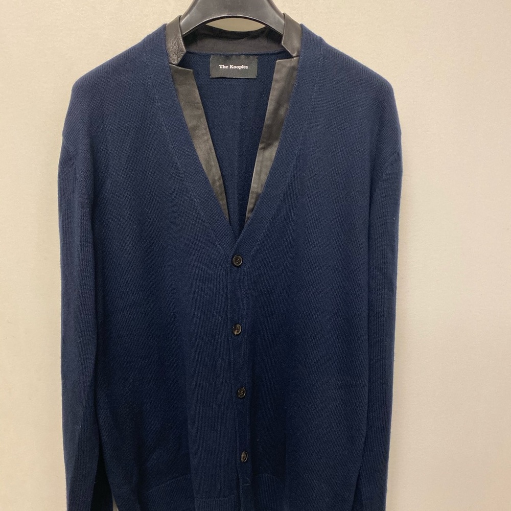 Kooples navy wood cardigan with leather trim